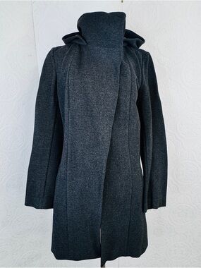 Betabrand All Day Longline Hooded Coat Charcoal Grey Button Front Women’s Small